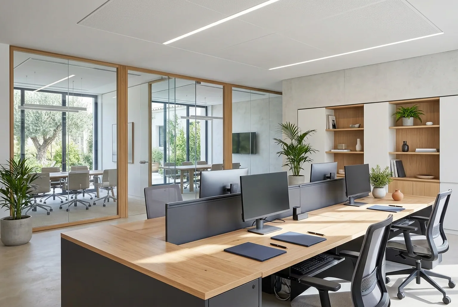 Bureaux d’entreprise avec postes de travail et salles de réunion vitrées