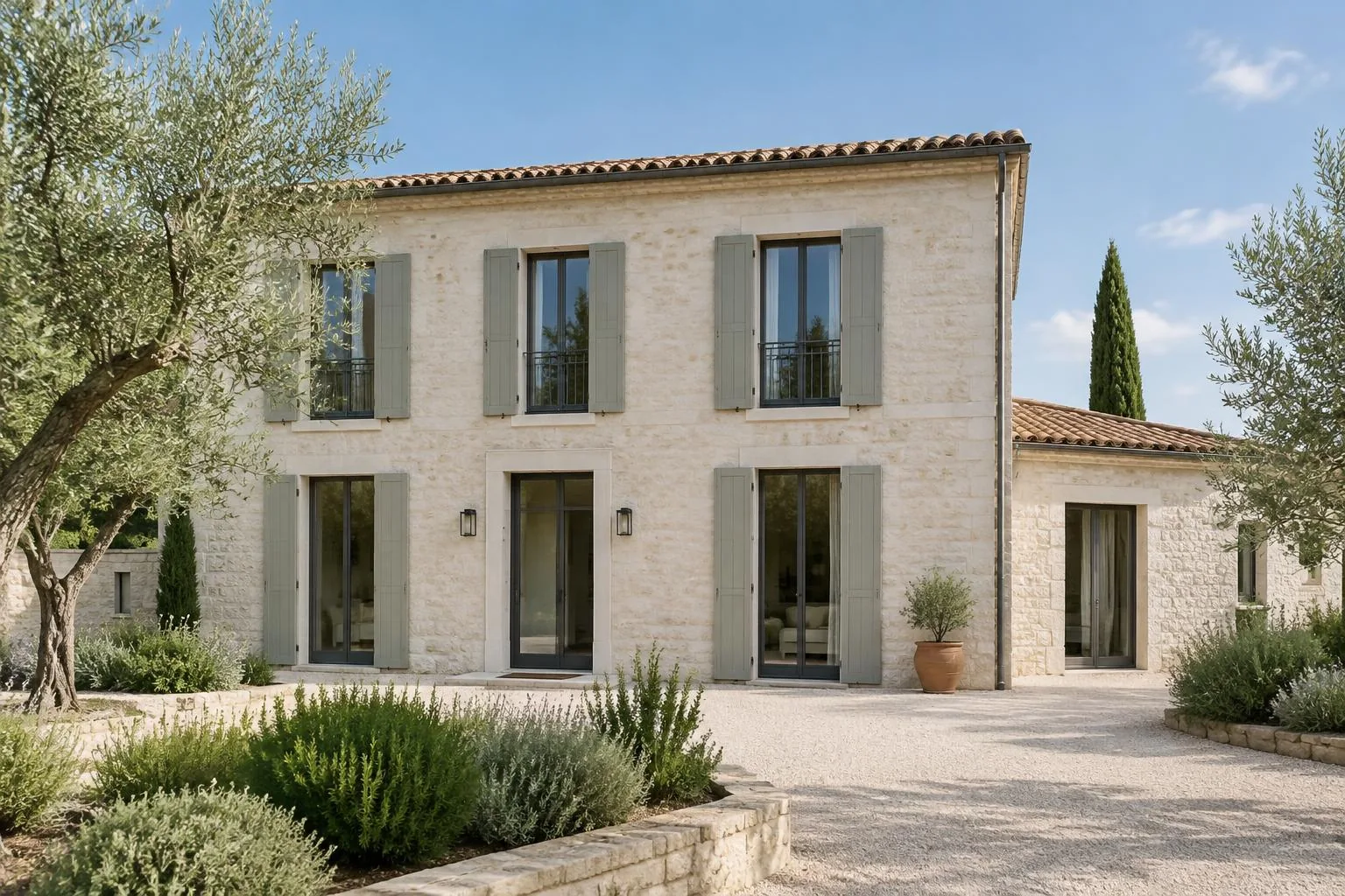 Maison en pierre claire et jardin méditerranéen, illustration d’un projet immobilier