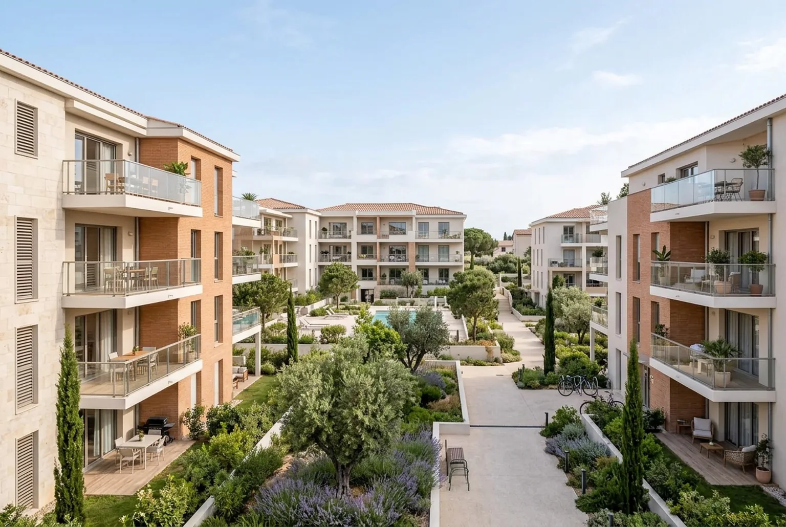 Immeubles résidentiels contemporains avec balcons et espaces paysagers