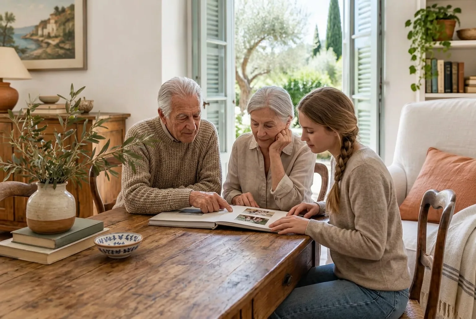 Un couple âgé et une jeune adulte regardent ensemble un album de famille
